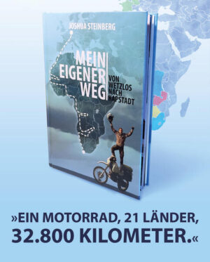 “Mein Eigener Weg” Im Alter von 24 Jahren startet der Medizinstudent Joshua Steinberg aus Osthessen den Motor seiner treuen Reisebegleiterin. Vor ihm liegen die schneebedeckten Gipfel des Atlas, die sandigen Weiten der Sahara, die großen Tropenwälder Zentralafrikas, die tierreichen Flussdeltas Botswanas und die bergigen Küsten Südafrikas. Fernab der Touristenrouten hilft er als freier DRK Helfer verletzten und kranken Menschen, baut Brücken zwischen den Kulturen und findet neue Freunde. Die oftmals geringen Besitztümer der Bewohner, die bewundernswerte Lebensfreude und die außergewöhnliche Gastfreundschaft der Afrikaner prägen ihn eindrucksvoll und nachhaltig auf seiner ereignisreichen, sieben Monate und 32.800 Kilometer langen Reise nach Kapstadt. Sein Abenteuer macht nicht nur Hoffnung darauf mehr Toleranz und Verständnis zu wagen, sondern gibt Mut Vorurteile abzubauen. “Nicht die sieben Weltwunder machen den Reiz der Reise aus, sondern die Begegnungen mit den Menschen”