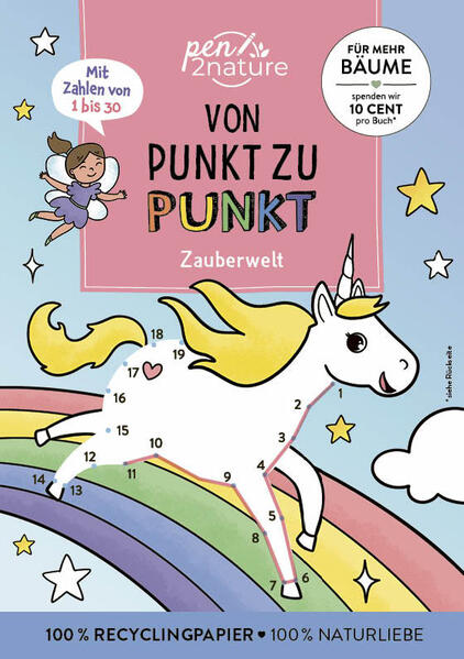 Zauberhafter Rätselspaß für Kinder ab 5 Jahren • Beliebtes und bekanntes Lernspiel: Das Kind kann die Rätsel ohne Anleitung lösen • Fördert Konzentration und Feinmotorik • Spielerisches Lernen der Zahlen bis 30 • Für Kinder ab 5 Jahren Einhörner, Feen, Meerjungfrauen, Drachen und viele weitere fantastische Wesen unterstützen in diesem Buch das spielerische Erlernen der Zahlen bis 30. Die zauberhaften Motive lassen sich im Zahlenraum 1 bis 30 verbinden und sind somit perfekt für Vorschulkinder und Schulanfängerinnen und Schulanfänger. Das bekannte Von-Punkt-zu-Punkt-Prinzip erlaubt den Kindern, eigenständig alle Rätsel zu lösen und durch die entstehenden Bilder eine Lösungskontrolle zu haben. Die 55 Rätsel unterstützen Kinder dabei, die in der Schule oder im Kindergarten gelernten Zahlen, zuhause spielerisch zu wiederholen. Die teilweise bereits kolorierten Bildteile und farbigen Punkte erleichtern und verschönern das Rätseln zusätzlich. Nach dem Verbinden der Punkte können die Motive in den Lieblingsfarben ausgemalt werden – so ist stundenlanger Rätselund Malspaß garantiert. Regelmäßiges Malen, Zeichnen und Rätseln fördert die Feinmotorik, unterstützt die Konzentrationsfähigkeit und regt die Kreativität an. Bücher für die ganze Familie – immer auf 100 % Recyclingpapier Ressourcenschonende Produktion: Wir drucken unsere Bücher auf 100 % Recyclingpapier und mit Farben auf Basis von Pflanzenöl statt Mineralöl. Finanzieller Klimabeitrag: Wir unterstützen Klimaschutzprojekte aus dem ClimatePartner-Portfolio. Für mehr Bäume: Mit jedem Buch beteiligen wir uns mit 10 Cent an Projekten zur Bepflanzung heimischer Wälder. Unser Herz schlägt für Bücher – und für Bäume! Die pen2nature-Produkte überzeugen durch hohe Qualität, ein natürliches Erscheinungsbild und ökologische Komponenten. Alle Bücher und Blöcke wurden mit Farben auf Pflanzenöl-Basis und auf 100 % Recyclingpapier gedruckt. Der Verlag pen2nature unterstützt Klimaschutzprojekte und spendet 10 Cent pro Produkt für die Pflanzung neuer Bäume in heimischen Wäldern. Wie genau das alles funktioniert? Auf seiner Website informiert der Verlag ausführlich und transparent darüber.