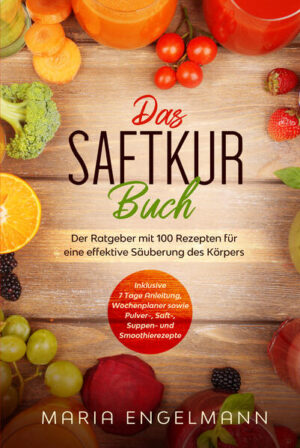 Sie möchten etwas für Ihren Körper tun, doch oft fehlt die Zeit? Diäten treiben Sie in den Wahnsinn? Müdigkeit und Trägheit sind für Sie tägliche Begleiter? Ab jetzt nicht mehr!Mit der beliebten Art des Saftfasten ist es Ihnen möglich, schnell und gesund Ihren Körper zu reinigen und mit wenig Aufwand viel für sich heraus zu holen. Durch Saftfasten wird der Körper entlastet und das natürliche basische Gleichgewicht wieder hergestellt.Die Vorbereitung ist eine der wichtigsten Bestandteile des Saftfastens. Mit der Anleitung dieses Buches wird es für Sie zum Kinderspiel. Neben einem guten Entsafter empfiehlt es sich, das Saftfasten in einen ruhigeren Zeitraum zu legen.Für den Erfolg des Saftfastens ist es wichtig seinen Körper sanft darauf vorzubereiten und möglichst frische Zutaten zu verwenden. Um auch auf der Arbeit oder unterwegs nicht zu einem Fertigsaft greifen zu müssen, finden Sie in diesem Buch leckere Saftpulver Rezepte, die Sie leicht zur Arbeit mitnehmen können.Wir begleiten Sie 7 Tage lang durch Ihre Saftkur mit Allem, was dazu gehört. In diesem Buch finden Sie neben einer kurzen Information zum richtigen Einlauf und einem Wochenplaner, bis zu 100 Rezepte, die optimal für die Säuberung des Körpers geeignet sind. Darunter Saft-, Smoothie- und Suppenrezepte.Viel Erfolg und guten Appetit! Das erwartet Sie: ✓Die richtige Vorbereitung für erfolgreiches Saftfasten ✓Informationen zum richtigen Einlauf ✓Eine 7 Tage Anleitung mit Wochenplaner ✓100 leckere und abwechslungsreiche Rezepte, darunter Säfte, Smoothies und Suppen