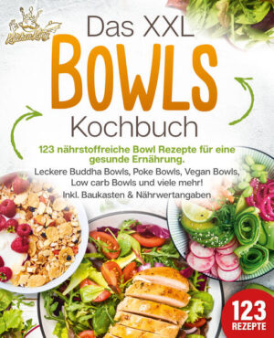 Bowl-Rezepte: 123 abwechslungsreiche und unschlagbar leckere Rezepte für den dekorativen Schlemmertrend aus der Schüssel - Inkl. Baukasten, Nährwertangaben sowie zahlreicher Inspirationen und Ergänzungen Sind Sie schon einmal auf die wunderschön arrangierten Schüsseln gestoßen, die bis an den Rand mit Köstlichkeiten gefüllt sind? Lockt Sie die fröhlich bunte Mischung an gesunden und leckeren Zutaten? Und möchten Sie nun gern selbst solche hübschen Meisterwerke kreieren? Dann tauchen Sie mit diesem Kochbuch in die unendlich vielfältige Welt der Bowl-Rezepte ein! Denn ob fruchtig-leicht, herzhaft-pikant, vegetarisch, mit Fleisch, Fisch oder sogar vegan - hier finden Sie für jeden Geschmack und Anlass die perfekte Bowl. Mundgerechte Stücke, bezaubernde Optik, unzählige Varianten und unkomplizierte Zubereitung - Bowl-Mahlzeiten erfreuen sich steigender Beliebtheit und das aus gutem Grund. Denn die schönen Schüsselgerichte schmecken nicht nur unschlagbar gut, sondern sind dabei auch noch richtig gesund. Kombinieren Sie Quinoa, Couscous, Reis oder Bulgur mit knackig-frischem Gemüse und verleihen Sie der Bowl mit Cashews, Mandeln oder Chiasamen den Energiekick. Raffinierte Toppings, Dressings oder Dips runden jedes Meisterwerk perfekt ab und Tofu, feines Rindfleisch oder edler Lachs sorgen für die Extraportion an Eiweiß. Also nichts wie ran an die Schüssel und schlemmen Sie sich quer durch Buddha-, Poké-, Smoothiebowls und vieles mehr! Grundkurs Bowl-Rezepte: Erfahren Sie alles über die trendigen Schüsselgerichte und entdecken Sie, wie Sie kinderleicht eigene Kreationen zaubern können. Power-Start in den Tag: Mit Frückstücksvarianten wie Joghurt-Smoothie-Bowl, Teff-Porridge-Bowl oder Bircher-Bowl geht es am Morgen gesund und lecker los. Hauptgericht für jeden Geschmack: Mit Rindfleisch-Bowl, indischer Curry-Bowl, asiatischer Seelachs-Bowl oder vegetarischer Reis-Bowl mit Ei wird wirklich jeder satt und zufrieden. Darf es noch ein Dessert sein? Köstlichkeiten wie Kokos-Himbeer-Bowl, Donauwellen-Bowl, Eisige-Beeren-Bowl oder die sündige Schokoladen-Spekulatius-Bowl sind der krönende Abschluss für jedes Menü. Durchstöbern Sie die endlosen Weiten der Bowl-Rezepte und entdecken Sie immer wieder neue Lieblingsvarianten. Ganz gleich, ob Bowl-Enthusiast auf der Suche nach exotischen Neuheiten, Gesundheitsfan oder Hobbykoch mit Lust auf Abwechslung - in diesem Rezeptbuch findet wirklich jeder, was er sucht! Sichern Sie sich jetzt diese liebevoll zusammengestellte Rezeptsammlung und bringen Sie Schönheit, Abwechslung und einen köstlichen Hauch von Exotik auf den Tisch!