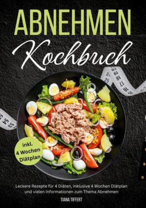 Abnehmen Kochbuch: Leckere Rezepte für 4 Diäten inklusive 4 Wochen Diätplan und vielen Informationen zum Thema Abnehmen!Haben Sie sich vorgenommen, Ihr Gewicht, um ein paar Kilogramm zu reduzieren? Oder möchten Sie sich gesünder ernähren als in früheren Zeiten? Dann ist dieses Buch ein wertvolles Instrument für Sie. Ich erkläre Ihnen, mit welchen Methoden Sie am besten abnehmen und wie Sie mit weniger Gewicht Ihr Selbstbewusstsein stärken. Nur wenn Sie Ihre Mahlzeiten richtig planen und nebenbei auf Fitness sowie ausreichendes Trinken setzen, werden Sie Ihr Ziel, gesund abzunehmen, erreichen. Crash-Diäten empfehlen sich hingegen aufgrund des meist danach folgenden Jo-Jo-Effekts nicht zur Gewichtsreduktion.In diesem Buch erfahren Sie:Wie Sie Ihre Mahlzeiten richtig planenWarum eine Gewichtsreduktion zu mehr Wohlbefinden führtWelche Diäten sich zum Abnehmen eignenWelche Nahrungsmittel in Ihren Menüs vorkommen solltenWelche Dinge außer der Ernährung noch unterstützend wirken undWorauf Sie verzichten solltenAußerdem enthält dieses Buch einen Diät-Plan für die nächsten vier Wochen. Er zeigt Ihnen vor, wie Sie verschiedene Mahlzeiten gut miteinander kombinieren, sodass Sie für die Zeit danach problemlos Ihren eigenen Plan zusammenstellen können. Zahlreiche leckere Rezepte unterstützen Sie auf dem Weg zu Ihrem Ziel, gesund abzunehmen. Probieren Sie es aus und seien Sie stolz auf ein bleibendes Resultat!