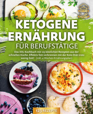 Ketogene Ernährung für Berufstätige: 123 abwechslungsreiche und köstliche Rezepte, mit denen Sie unkompliziert auf kohlenhydratarme Nahrung umsteigen und mit Genuss ganz leicht Gewicht verlieren - Inkl. Nährwertangaben, Einführung in die ketogene Ernährung sowie detailliertem 4-Wochen-Speiseplan Kalorien zählen, Light-Produkte, ohne Abendessen ins Bett - Sie haben sich schon mit allen möglichen Strategien gequält und auf der Waage hat sich trotzdem nichts verändert? Sie wünschen sich nichts sehnlicher, als endlich langfristig, stressfrei und ohne Frust abzunehmen? Und für dauerhaften Erfolg soll dabei Genuss statt Verzicht im Vordergrund stehen? Dann schnappen Sie sich dieses Rezeptbuch, setzen Sie Ihren Körper auf Kohlenhydratentzug und staunen Sie, wie bald die Pfunde purzeln werden! Denn die ketogene Ernährung nutzt geschickt die Mechanismen des Körpers zur Gewichtsreduktion und liefert dabei die volle Ladung Geschmack. Das Prinzip dahinter ist einfach: Bekommt Ihr Körper nur minimale Mengen an Kohlenhydraten, so greift er für die Energiegewinnung schließlich auf eingelagerte Fettreserven zurück - voilà, die ungeliebten Pölsterchen schmelzen. Und das Beste daran: Neben Kohlenhydraten müssen Sie auf nichts verzichten, sondern können sich nach Herzenslust durch fett- und proteinreiche Köstlichkeiten schlemmen. Von herzhaftem Fleisch über knackige Salate und deftige Aufläufe bis hin zu sündigen Süßspeisen ist alles erlaubt und für wirklich jeden Geschmack wird reichlich Auswahl geboten. Wie die ketogene Ernährung genau funktioniert, worauf Sie dabei achten müssen und wie Sie maximal von dem Prinzip profitieren, erfahren Sie leicht verständlich und kompakt in diesem Buch. Stöbern Sie durch eine unschlagbar leckere Vielfalt an optimal ketogen konzipierten Ideen für Frühstück, Hauptgerichte, Snacks, Desserts, Backwerk, Shakes und vieles mehr und entdecken Sie, wie verführerisch Abnehmen tatsächlich sein kann. Dank der unkomplizierten Rezepte mit leicht nachzukochenden Schritt-für-Schritt-Anleitungen stehen die Köstlichkeiten im Handumdrehen auf dem Tisch und gelingen auch unerfahrenen Köchen auf Anhieb. Protein-Power zum Frühstück: Mit Brombeer-Porridge, Spiegeleiern mit Avocado, Pfannkuchen oder Bacon-Ei-Muffins starten Sie morgens richtig durch. Leichte oder deftige Hauptgerichte: Gönnen Sie sich mittags frische Salat-Wraps mit Radieschen und Putenschinken oder herzhaften Gaucho-Burger mit Pesto und essen Sie sich abends mit Rumpsteak mit Rucola und Tomaten, Fischfilet mit Zucchini oder gratiniertem Brokkoli so richtig satt. Snacks, Drinks & Shakes: Mini-Käse-Frittata, Schoko-Fat-Bombs, Erdbeer-Milchshake oder Bulletproof Coffee sorgen für den leckeren Energiekick zwischendurch. Desserts und Backwerk: Verwöhnen Sie sich mit süßen Köstlichkeiten wie Vanille-Chiapudding und Stracciatella-Mousse oder zaubern Sie im Backofen saftigen Möhrenkuchen, gefüllte Frischkäse-Muffins oder frisches Körner-Eiweiß-Brot. Mit den ausgewählten Rezepten in diesem Kochbuch wird Abnehmen zum Schlemmer-Vergnügen und die dauerhafte Ernährungsumstellung endlich zum Kinderspiel. Noch leichter gelingt der Einstieg mit dem sorgfältig erstellten 2-Wochen-Ernährungsplan, der Ihnen mit Abwechslung und Geschmack zeigt, wie genussvolle Gewichtsreduktion auch im stressigen Berufsalltag problemlos funktioniert. Sichern Sie sich jetzt Ihren ganz persönlichen Diät-Coach und freuen Sie sich auf das tolle Gefühl, Freunde, Familie und Kollegen schon bald mit einer tollen schlanken Linie zu beeindrucken!