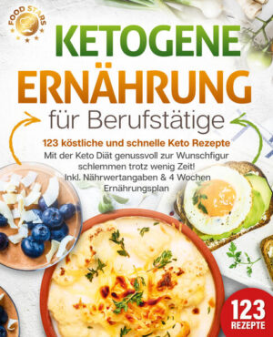 Ketogene Ernährung für Berufstätige: 123 abwechslungsreiche und köstliche Rezepte, mit denen Sie unkompliziert auf kohlenhydratarme Nahrung umsteigen und mit Genuss ganz leicht Gewicht verlieren - Inkl. Nährwertangaben, Einführung in die ketogene Ernährung und 4-Wochen-Ernährungsplan Kalorien zählen, Light-Produkte, ohne Abendessen ins Bett - Sie haben sich schon mit allen möglichen Strategien gequält und auf der Waage hat sich trotzdem nichts verändert? Sie wünschen sich nichts sehnlicher, als endlich langfristig, stressfrei und ohne Frust abzunehmen? Und für dauerhaften Erfolg soll dabei Genuss statt Verzicht im Vordergrund stehen? Dann schnappen Sie sich dieses Rezeptbuch, setzen Sie Ihren Körper auf Kohlenhydratentzug und staunen Sie, wie bald die Pfunde purzeln werden! Denn die ketogene Ernährung nutzt geschickt die Mechanismen des Körpers zur Gewichtsreduktion und liefert dabei die volle Ladung Geschmack. Das Prinzip dahinter ist einfach: Bekommt Ihr Körper nur minimale Mengen an Kohlenhydraten, so greift er für die Energiegewinnung schließlich auf eingelagerte Fettreserven zurück - voilà, die ungeliebten Pölsterchen schmelzen. Und das Beste daran: Neben Kohlenhydraten müssen Sie auf nichts verzichten, sondern können sich nach Herzenslust durch fett- und proteinreiche Köstlichkeiten schlemmen. Von herzhaftem Fleisch über knackige Salate und deftige Aufläufe bis hin zu sündigen Süßspeisen ist alles erlaubt und für wirklich jeden Geschmack wird reichlich Auswahl geboten. Wie die ketogene Ernährung genau funktioniert, worauf Sie dabei achten müssen und wie Sie maximal von dem Prinzip profitieren, erfahren Sie leicht verständlich und kompakt in diesem Buch. Stöbern Sie durch eine unschlagbar leckere Vielfalt an optimal ketogen konzipierten Ideen für Frühstück, Hauptgerichte, Snacks, Desserts, Backwerk, Shakes und vieles mehr und entdecken Sie, wie verführerisch Abnehmen tatsächlich sein kann. Dank der unkomplizierten Rezepte mit leicht nachzukochenden Schritt-für-Schritt-Anleitungen stehen die Köstlichkeiten im Handumdrehen auf dem Tisch und gelingen auch unerfahrenen Köchen auf Anhieb. Protein-Power zum Frühstück: Mit Brombeer-Porridge, Spiegeleiern mit Avocado, Pfannkuchen oder Bacon-Ei-Muffins starten Sie morgens richtig durch. Leichte oder deftige Hauptgerichte: Gönnen Sie sich mittags frische Salat-Wraps mit Radieschen und Putenschinken oder herzhaften Gaucho-Burger mit Pesto und essen Sie sich abends mit Rumpsteak mit Rucola und Tomaten, Fischfilet mit Zucchini oder gratiniertem Brokkoli so richtig satt. Snacks, Drinks & Shakes: Mini-Käse-Frittata, Schoko-Fat-Bombs, Erdbeer-Milchshake oder Bulletproof Coffee sorgen für den leckeren Energiekick zwischendurch. Desserts und Backwerk: Verwöhnen Sie sich mit süßen Köstlichkeiten wie Vanille-Chiapudding und Stracciatella-Mousse oder zaubern Sie im Backofen saftigen Möhrenkuchen, gefüllte Frischkäse-Muffins oder frisches Körner-Eiweiß-Brot. Mit den ausgewählten Rezepten in diesem Kochbuch wird Abnehmen zum Schlemmer-Vergnügen und die dauerhafte Ernährungsumstellung endlich zum Kinderspiel. Noch leichter gelingt der Einstieg mit dem sorgfältig erstellten 4-Wochen-Speiseplan, der Ihnen mit Abwechslung und Geschmack zeigt, wie genussvolle Gewichtsreduktion auch im stressigen Berufsalltag problemlos funktioniert. Sichern Sie sich jetzt Ihren ganz persönlichen Diät-Coach und freuen Sie sich auf das tolle Gefühl, Freunde, Familie und Kollegen schon bald mit einer tollen schlanken Linie zu beeindrucken!