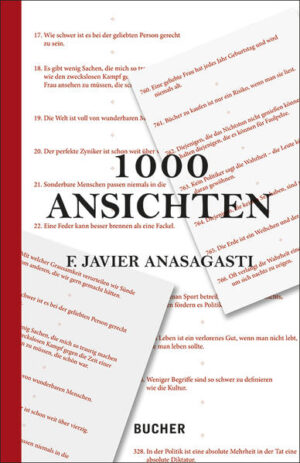 Zwei Jahrzehnte nach der Veröffentlichung seines ersten Werkes setzt sich F. Javier Anasagasti nun erneut mit den großen und kleinen Themen der Welt auseinander. Entstanden ist eine bunte Sammlung von Ansichten zu Glu?ck, Liebe und Ehe, zum Alltag und zum Älterwerden, zu Gesellschaft, Politik und Religion. Mal witzig und ironisch, mal tiefsinnig und kritisch präsentiert Anasagasti seine Betrachtungen - tausend prägnante Verse und Spru?che fu?r jede Situation.