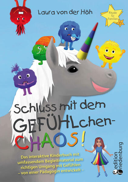 In diesem Buch lernen Kinder zwischen 3 und 9 Jahren durch eine liebevolle Bildergeschichte blitzschnell und zauberhaft den Umgang mit den Gefühlen Wut, Angst, Scham, Trauer und Freude. Zusätzlich gibt es in altersdifferenzierten Übungen einen wahren Schatz an Ausmalbildern, hilfreichen Aktivitäten und kreativen Ritualen, die zu Hause oder in der Kita, im Kindergarten, in der Grundschule oder in der Frühund Förderschule durchgeführt werden können. Eselle reimt sich auf „schnell“ – und genau so schnell ist unser eselgraues Einhorn in der kunterbunten Welt der GEFÜHLchen auch frustriert: Warum geht Eselle regelmäßig vor Wut in die Luft und wird zum Heulhorn? Wie soll das Einhorn trotz Riesenangst über die kaputte Brücke zu seinen Freunden gelangen? Wie kann es sich gegen die eklige Abschleckbegrüßung von Tante Rita wehren? Warum ist das Einhorn nicht so wunderbar weiß wie all die anderen Einhörner und deshalb traurig? Und wie kann Eselle freudige Momente länger genießen? Zwischen Wut, Angst, Scham, Trauer und Freude ist für unser Einhorn manchmal gar nicht viel Platz. Kein Wunder, wenn Eselle im GEFÜHLchen-Chaos steckenbleibt! Zum Glück trifft Einhorn Eselle auf seiner emotionalen Reise verschiedene Helferchen, die es behutsam durch die GEFÜHLchen-Welt begleiten. „Jedes Mal, wenn du ab jetzt ein GEFÜHL wahrnimmst, leuchtet dein Horn in der passenden Farbe des GEFÜHLchens“, erklärt die liebe Fee. Wundervoll! Nun weiß Eselle immer ganz genau, welches GEFÜHL gerade gehört werden möchte. Das pädagogische Begleitmaterial im Anschluss an die Geschichte hält zahlreiche Ideen und Rituale zum richtigen Umgang mit Bedürfnissen und GEFÜHLEN bereit. Das Buch kann in diesem interaktiven Teil nicht nur vom Kind selbst verwendet und ausgemalt werden, sondern erleichtert durch die liebevollen Illustrationen und das umfangreiche Arbeitsmaterial sowohl das Familienleben als auch den Arbeitsalltag an Kitas, Kindergärten sowie Grundund Förderschulen. Eselles Erlebnisse helfen allen Kindern, das eigene GEFÜHLchen-Chaos liebevoll zu klären, Ängste und Wutausbrüche zu überwinden und viele schöne Momente im Leben zu genießen. Stimmen von Leserinnen: „Mit großer Freude habe ich Ihr Buch gelesen – klasse! Es müsste in sämtlichen Kitas und Grundschulen vorgelesen werden!“ (Katja Schubert, Kinderkrankenschwester, Heilpraktikerin) „Von Ihrem Bilderbuch bin ich sehr beeindruckt und freue mich schon darauf, wenn ich es meinen Kolleg*innen vorstellen kann.“ (Claudia Freund, Einrichtungsleitung, Kita St. Maria Rosenkranz) „Ich danke Ihnen ganz herzlich für das tolle Buch! Ich glaube, dass Sie uns und unseren Patient*innen damit eine tolle Einstiegshilfe in die gemeinsame Auseinandersetzung mit ihren Gefühlen geschaffen haben.“ (Jennifer Wiebecke-Ehlert, Psychologische Psychotherapeutin) ** Inhalt Vorwort … 6 Schluss mit dem GEFÜHLchen-Chaos! … 9 Eselles Welt … 10 Feenzauber … 12 Tante Rita und das WUTchen … 14 Die Brücke und das ANGSTchen ... 16 Die anderen Einhörner und das SCHAMchen … 19 Schneehorn und das TRAUERchen … 22 Lol und das FREUDchen … 25 Wiedersehen mit der Fee … 27 Pädagogisches Begleitmaterial … 31 Übungen: Gefühle erkennen und wahrnehmen … 32 Gefühle-Poster (ab 3 Jahren) … 32 Gefühle-Memory (ab 4 Jahren) … 35 Gefühle erforschen (ab 3 Jahren) … 36 Gefühle-Raten (ab 4 Jahren) … 38 Mein Wolkenzauberland (ab 3 Jahren) … 39 FREUDchen-Liste (ab 4 Jahren) … 40 Rituale: Gefühle teilen … 41 GEFÜHLchen-Kreis (ab 3 Jahren) … 42 Erzähl-Runde (ab 6 Jahren) … 43 Eselle-Ampel (ab 3 Jahren) … 44 Mutmacher (ab 3 Jahren) … 46 Abschiednehmen (ab 3 Jahren) … 47 Eselle-Sprüche (ab 3 Jahren) … 48 Eselle-Urkunde (ab 3 Jahren) … 49 FREUDchen-Glas (ab 3 Jahren) … 50 GEFÜHLchen-Kasten (ab 6 Jahren) … 51 Anregungen zu den GEFÜHLchen-Geschichten … 52 GEFÜHLchen kennnenlernen (ab 3 Jahren) … 52 WUTchen … 53 ANGSTchen … 54 SCHAMchen … 55 TRAUERchen … 56 FREUDchen … 57 Vorlagen zu den Ritualen … 58 Weitere Empfehlungen … 101 Band 6 der Buchreihe „Rituale für Familien“ beim Verlag edition riedenburg Salzburg.