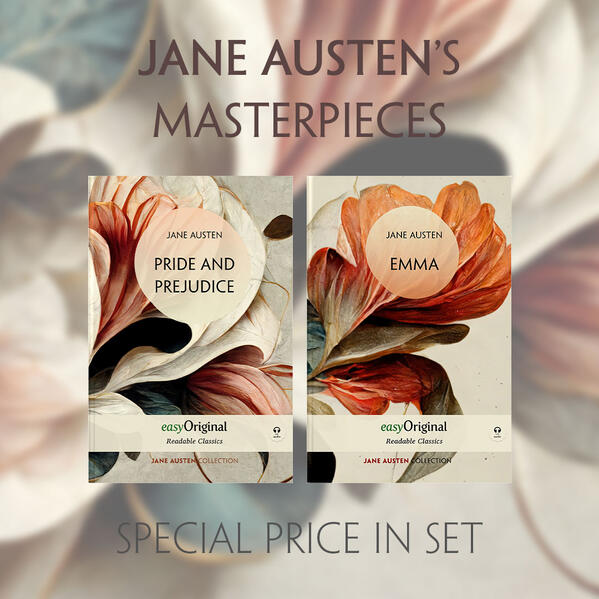 Jane Austen's Masterpieces: Pride and Prejudice and Emma Book-Set: Better value for money than individual volumes EasyOriginal Readable Classics Edition with Audio-CDs Experience two beloved classics by Jane Austen with this special edition set containing unabridged editions of Pride and Prejudice and Emma formatted for effortless readability. Jane Austen's witty and satirical novel Pride and Prejudice follows the courtship between Elizabeth Bennet, the intelligent and independent daughter of an English gentleman, and Mr. Darcy, a proud and aloof member of the aristocracy. As their relationship develops, Elizabeth must overcome her initial prejudice against Darcy's haughtiness, while Darcy is compelled to acknowledge his pride and reform. Their romantic entanglement provides the backdrop for Austen's incisive social commentary on early 19th century British society. Revel in Austen's sharp prose and endearing characters like the overbearing Mrs. Bennet and good-natured Mr. Bingley. In Emma, Austen trains her satirical eye on the provincial village of Highbury and its wealthy resident Emma Woodhouse. Accustomed to being the center of her social circle, Emma amuses herself by matchmaking those around her, blind to the true natures and feelings of her friends and neighbors. Her schemes to find a suitable match for her protege Harriet Smith go awry, leading Emma into self-reflection and awakening her own heart. This comedic novel showcases Austen's deep understanding of the irony of human emotions and relationships. These iconic novels depict Austen's biting social commentary and satire of 19th century British society through the romantic escapades of her spirited heroines. The comfortable, readable font allows full immersion in Austen's original text. This set also includes access to the audiobook versions. Unlock Austen's masterpieces with EasyOriginal Readable Classics! A series of unabridged books from world literature with improved readability, easy to read font and comfortable font size. Excellent readability ensures comfortable reading and maximum concentration on the book content. High-quality printing and premium white paper. Focus on content and get the most out of your reading experience. Unabridged original text. • Minimal strain on your eyes • You can read longer without tiring your eyes • Easier reading at dusk or when your eyes are tired • You can concentrate as much as possible on the content of the work • You will have more fun reading your favourite books Minimal concentration on the text structure - maximum concentration on the content