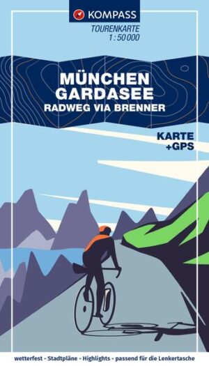 Die Vorteile der Karte: GPS Datei zum Navigieren als Download reiß- und wetterfest gesamte Strecke auf einer Karte passend für die Lenkertasche mit Höhenprofil Zusatzinfos: Highlights & Übernachtungsverzeichnis Kompass Fahrrad-Tourenkarten zeigen den gesamten Wegverlauf eines Fernradweges auf einer Karte. Das funktioniert dank dem sogenannten Leporello-Format, das sich wie eine Ziehharmonika aufziehen lässt. Zusehen ist neben dem Streckenverlauf alles, was man sonst noch auf seiner Strecke und der Umgebung wissen muss. Zusätzlich gibt es noch weitere Informationen wie Übernachtungsvorschläge, ein Höhenprofil und Highlights auf der Strecke. Regen, Schnee und Hagel können der Karte nichts anhaben – das stabile reiß- und wetterfeste Material lässt dich nicht im Stich. Für alle, die mit Smartphone oder Navi fahren, ist die Karte die perfekte Vorbereitung und Sicherheit. Für unterwegs gibt es den Wegverlauf als GPX-Datei zum Download dazu. Die Strecke: Von München der Isar entlang über Bad Tölz zum Achensee. Weiter über das Inntal nach Innsbruck. Das Wipptal hoch zum Brenner kann mit dem Zug abgekürzt werden. Danach geht es immer leicht bergab Richtung Bozen, Trento und Rovereto. Zum Schluss folgt ein kurzer Anstieg und schon bist du am Gardasee. Strecke fast durchgängig auf Fahrradwegen mit wenigen Ausnahmen (Steinach-Brenner) die mit dem Zug zu umfahren sind. Zwei größere Steigungen: hoch zum Achensee, von Innsbruck zum Brenner (kann mit dem Zug gemacht werden) Vorbei am wunderschönen Achensee, durch Innsbruck mit dem goldenen Dachl. Durch die wunderschönen Städte in Südtirol: Sterzing, Brixen und Bozen. Traumhaftes Schlussstück von Nago nach Torbole