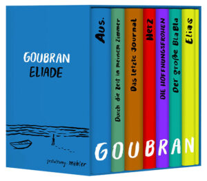 Alfred Goubran vollendet nach zwanzig Jahren den 7-bändigen Romanzyklus Eliade. Dieser erscheint anlässlich seines 60. Geburtstags als Sonderausgabe im Schuber, gestaltet von Nicolas Mahler, mit einem Kommentarband des Literaturkritikers Stefan Gmünder. Alfred Goubran ist „ein Stilist ohne Gnade“ (Thomas Weber,The Gap). AUS. ist aus der Perspektive zweier Protagonisten monologisch geschrieben, Durch die Zeit in meinem Zimmer dem Genre der Gothic Novel und dem Schauerroman verpflichtet, Das letzte Journal dem Tagebuch, Herz ist eine Endlosschleife, die nur aus einem einzigen Satz besteht. Die Hoffnungsfrohen sind eine poetisch enigmatische Erzählung, Der große BlaBla ist ein Bericht und Elias changiert zwischen Abenteuerroman und psychotropem Roadtrip. Inhalt des Schubers: AUS., Roman (2010), Durch die Zeit in meinem Zimmer, Roman (2014), Das letzte Journal, Roman (2016), Herz, Eine Verfassung (2017), Die Hoffnungsfrohen (2023) Der große Bla Bla (2024), Elias (2024), Über Alfred Goubran von Stefan Gmünder (2024)