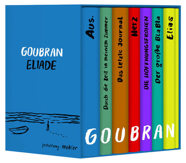 Alfred Goubran vollendet nach zwanzig Jahren den 7-bändigen Romanzyklus Eliade. Dieser erscheint anlässlich seines 60. Geburtstags als Sonderausgabe im Schuber, gestaltet von Nicolas Mahler, mit einem Kommentarband des Literaturkritikers Stefan Gmünder. Alfred Goubran ist „ein Stilist ohne Gnade“ (Thomas Weber,The Gap). AUS. ist aus der Perspektive zweier Protagonisten monologisch geschrieben, Durch die Zeit in meinem Zimmer dem Genre der Gothic Novel und dem Schauerroman verpflichtet, Das letzte Journal dem Tagebuch, Herz ist eine Endlosschleife, die nur aus einem einzigen Satz besteht. Die Hoffnungsfrohen sind eine poetisch enigmatische Erzählung, Der große BlaBla ist ein Bericht und Elias changiert zwischen Abenteuerroman und psychotropem Roadtrip. Inhalt des Schubers: AUS., Roman (2010), Durch die Zeit in meinem Zimmer, Roman (2014), Das letzte Journal, Roman (2016), Herz, Eine Verfassung (2017), Die Hoffnungsfrohen (2023) Der große Bla Bla (2024), Elias (2024), Über Alfred Goubran von Stefan Gmünder (2024)