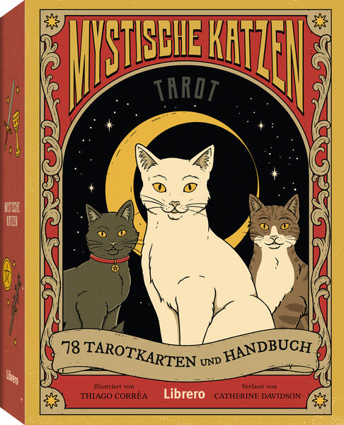 Wecken Sie mit diesen Karten mit Katzenmotiven und einem informativen Handbuch über die uralte Kunst des Tarot Ihre göttliche Katzenweisheit. Unsere Beziehung zu Katzen als Gefährten und ihre zahllosen Ausdrucksmöglichkeiten (wunderschön umgesetzt in diesem Tarot) verleihen diesen Karten eine mystische Harmonie. Die Karten werden Ihnen helfen, die Magie des Tarot zu entdecken. Zu jeder Karte gibt es ausführliche Erklärungen, Schlüsselwörter und umgekehrte Bedeutungen! Das Set enthält ein 80-seitiges, reich illustriertes Handbuch und 78 Tarotkarten, die in einer praktischen Box aufbewahrt werden