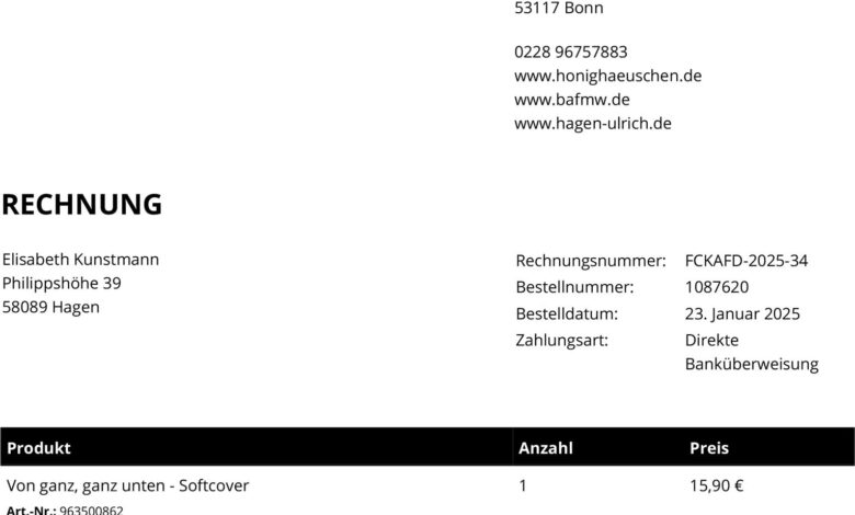 Seit dem 1.1.2025 laufen alle Rechnungen unseres Onlinebuchshops mit der Rechnungsnummer FCKAFD 2025 XX, hier eine Musterrechnung. Wir wollen ein AfD Verbot.